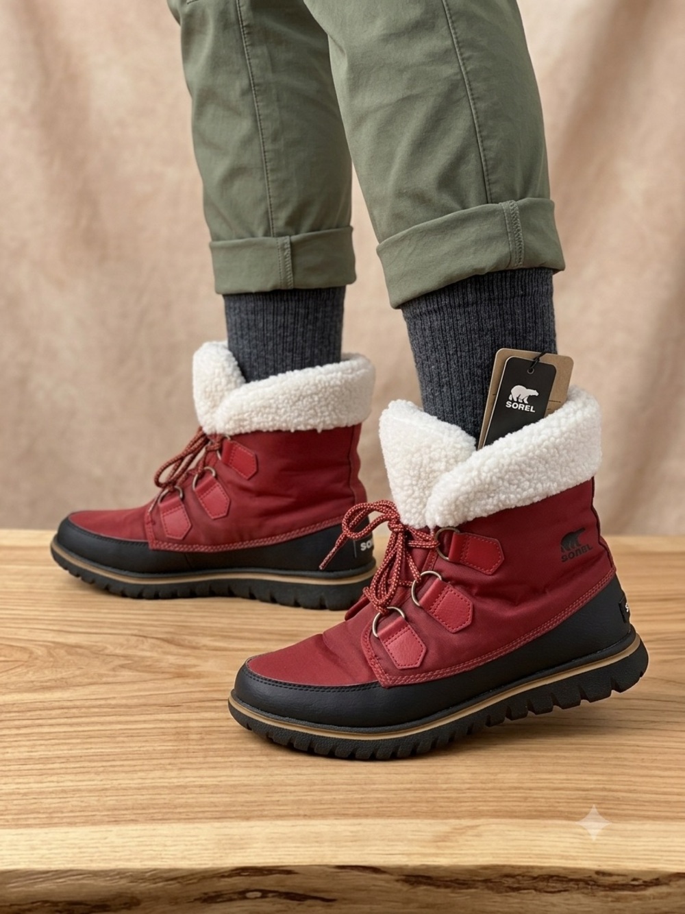 Sorel $250 Cozy Carnival Explorer Red Black Sherpa-Lined Lace-Up Winter Boots 8